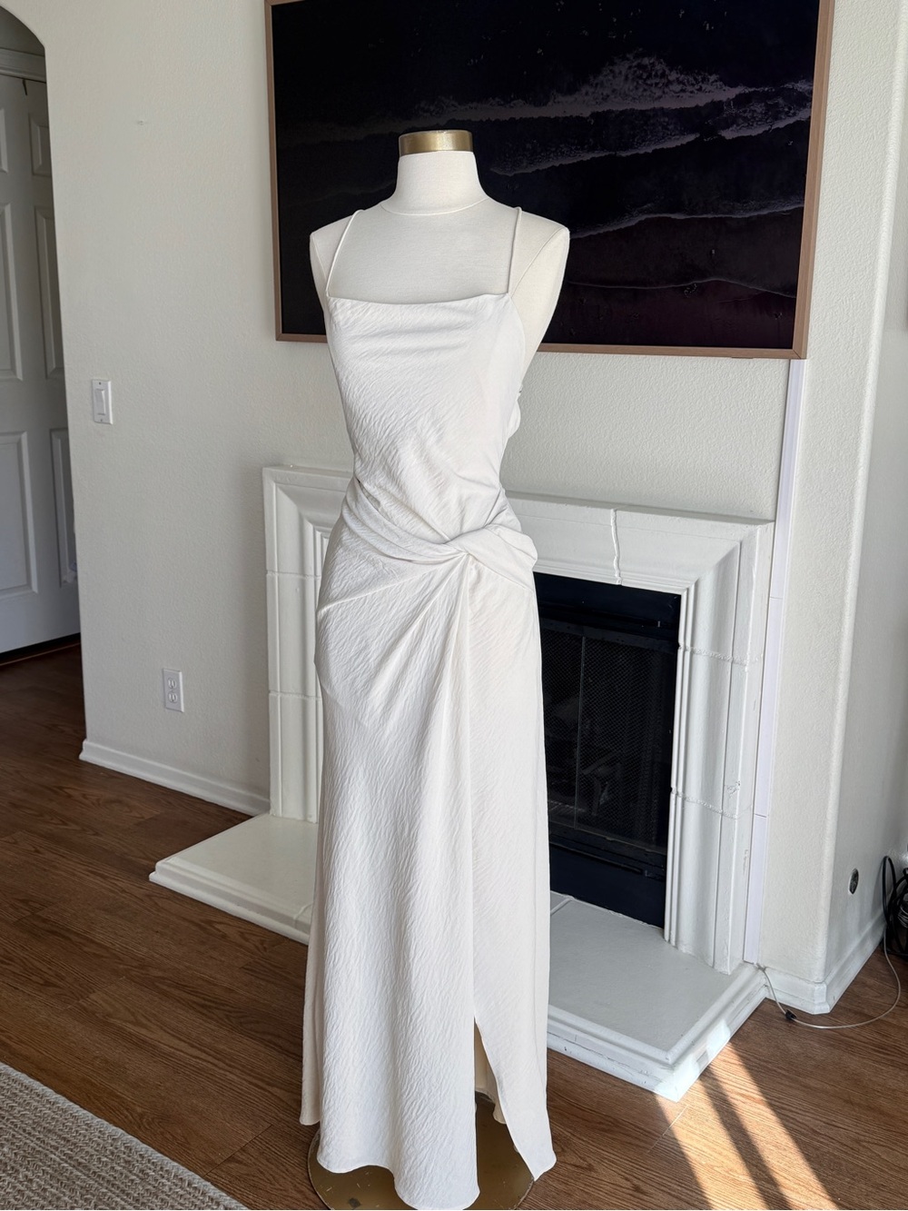 Significant Other Minimalist Cream Textured Twist-Front Maxi Dress Slit Sz 2 - Picture 9 of 16
